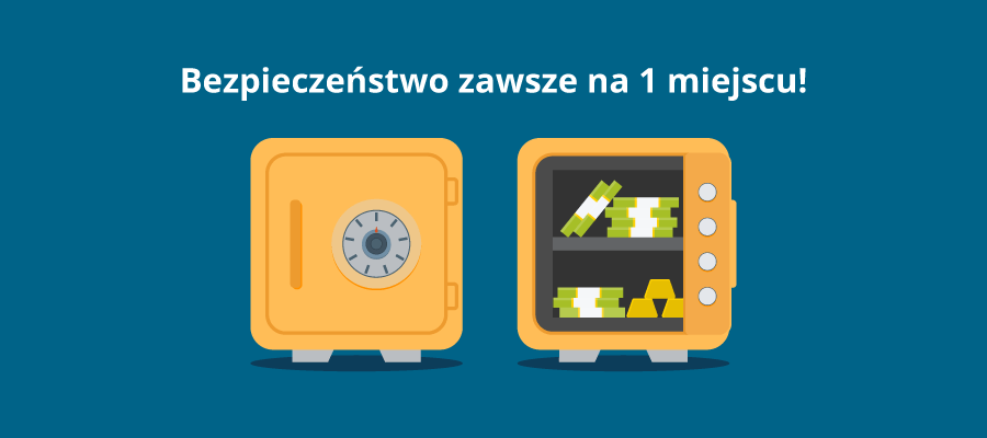 Infografika - dwa żółte sejfy, jeden otwarty, drugi zamknięty. W otwartym widać sporo gotówki i 3 sztabki złota. Nad nimi napis: Bezpieczeństwo zawsze na 1 miejscu!