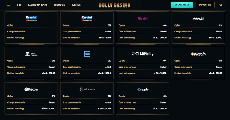 Kasyno Dolly lista metod płatności