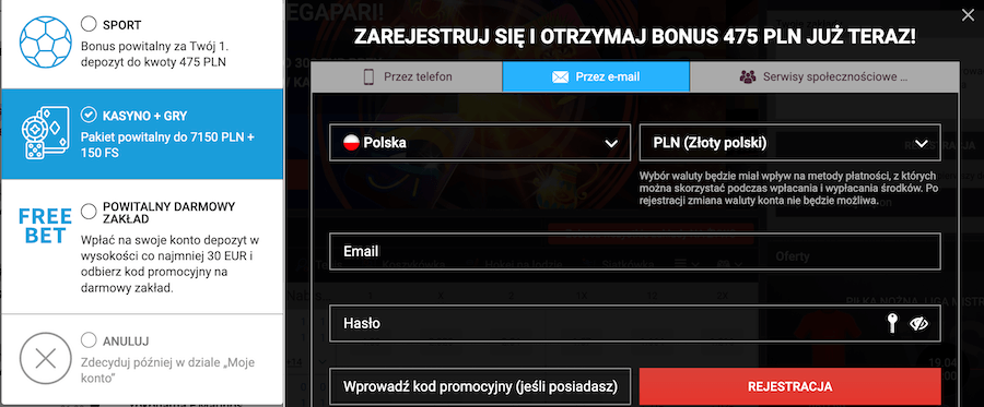 Okno rejestracji Megapari.