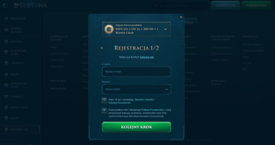Rejestracja i logowanie w Slotuna