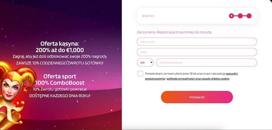 Okno rejestracji w kasynie Happyspins.