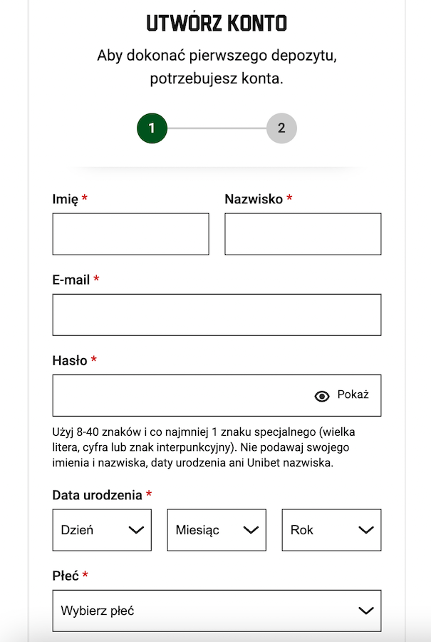 Rejestracja konta w Unibet